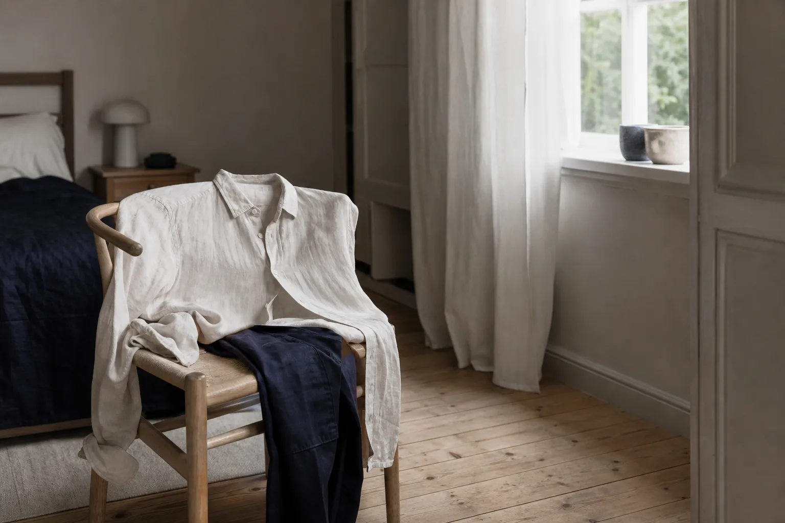 Ljus linneskjorta på stol bredvid mörkblå byxor