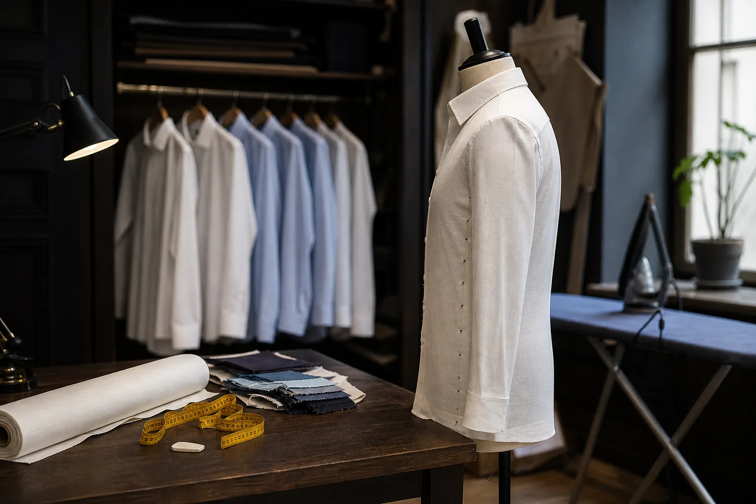 Vit skjorta på dressform med nålar längs sidsöm