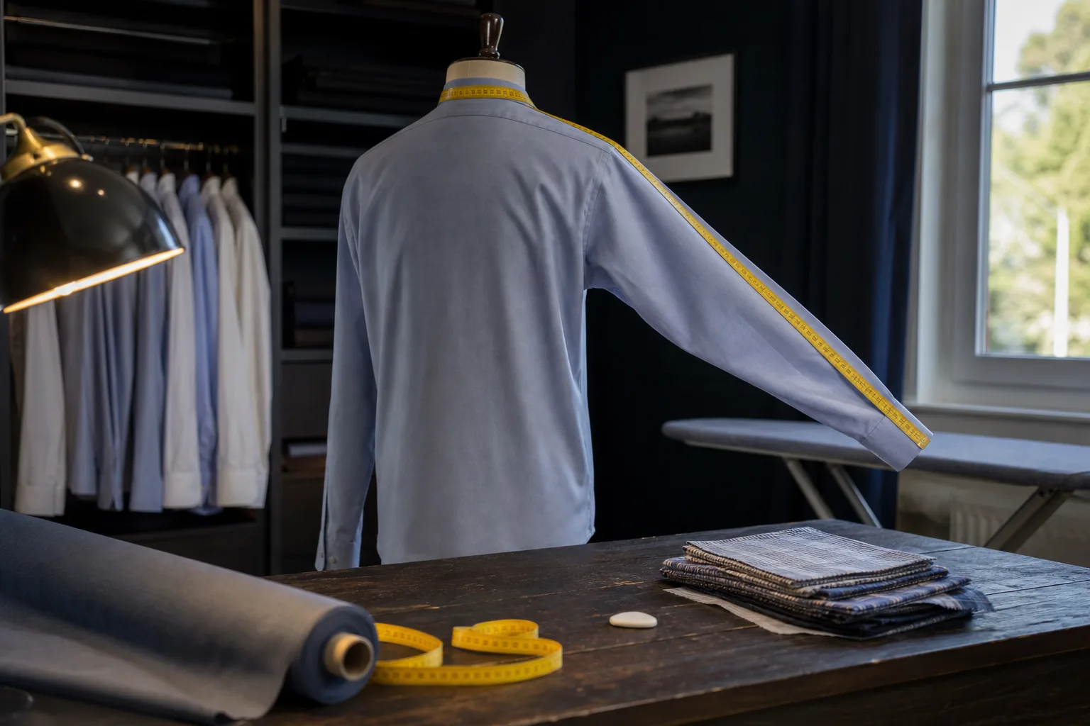 Måttband längs skjortkrage och ärm på dressform