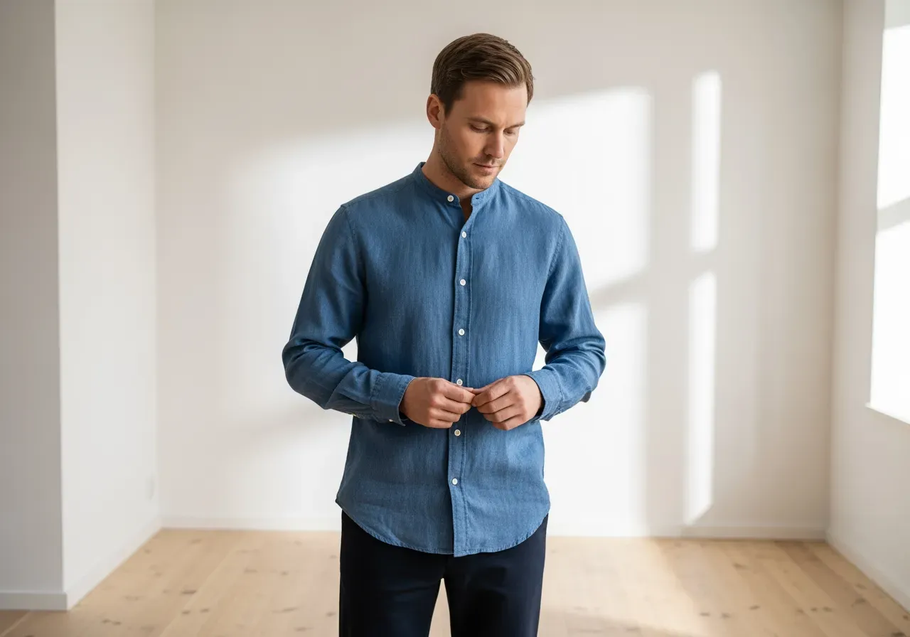 Blå bandkrageskjorta i linne med jeanskänsla