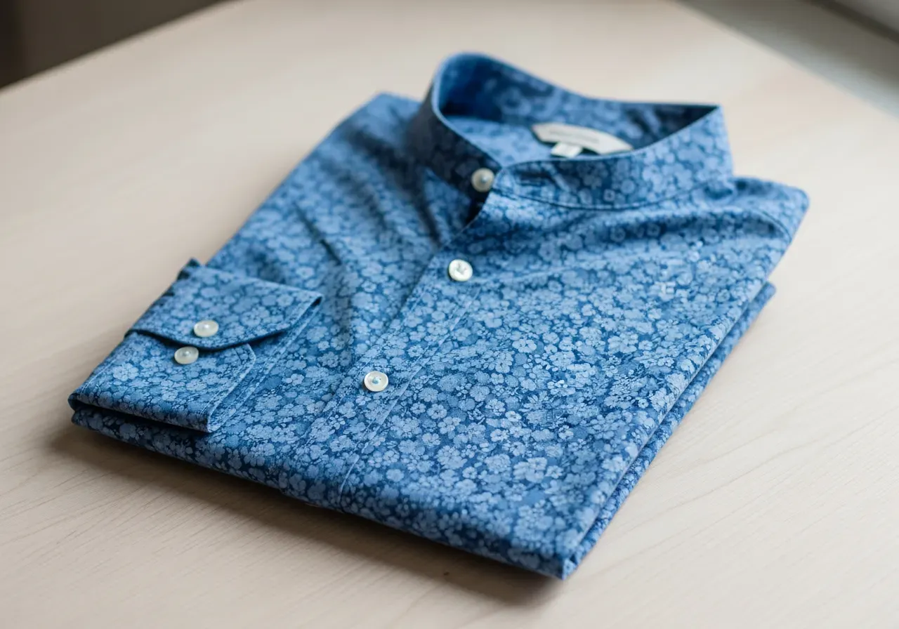 Blå blommig bandkrageskjorta i bomull