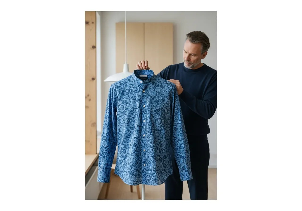 Blå blommig bandkrageskjorta i bomull