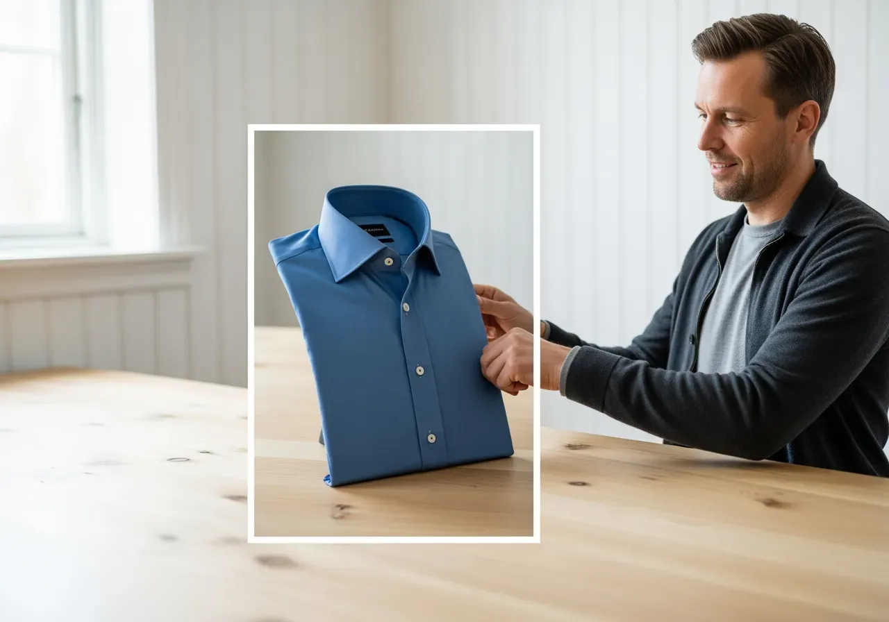 Måttsydd blå bomullsskjorta med knappkrage