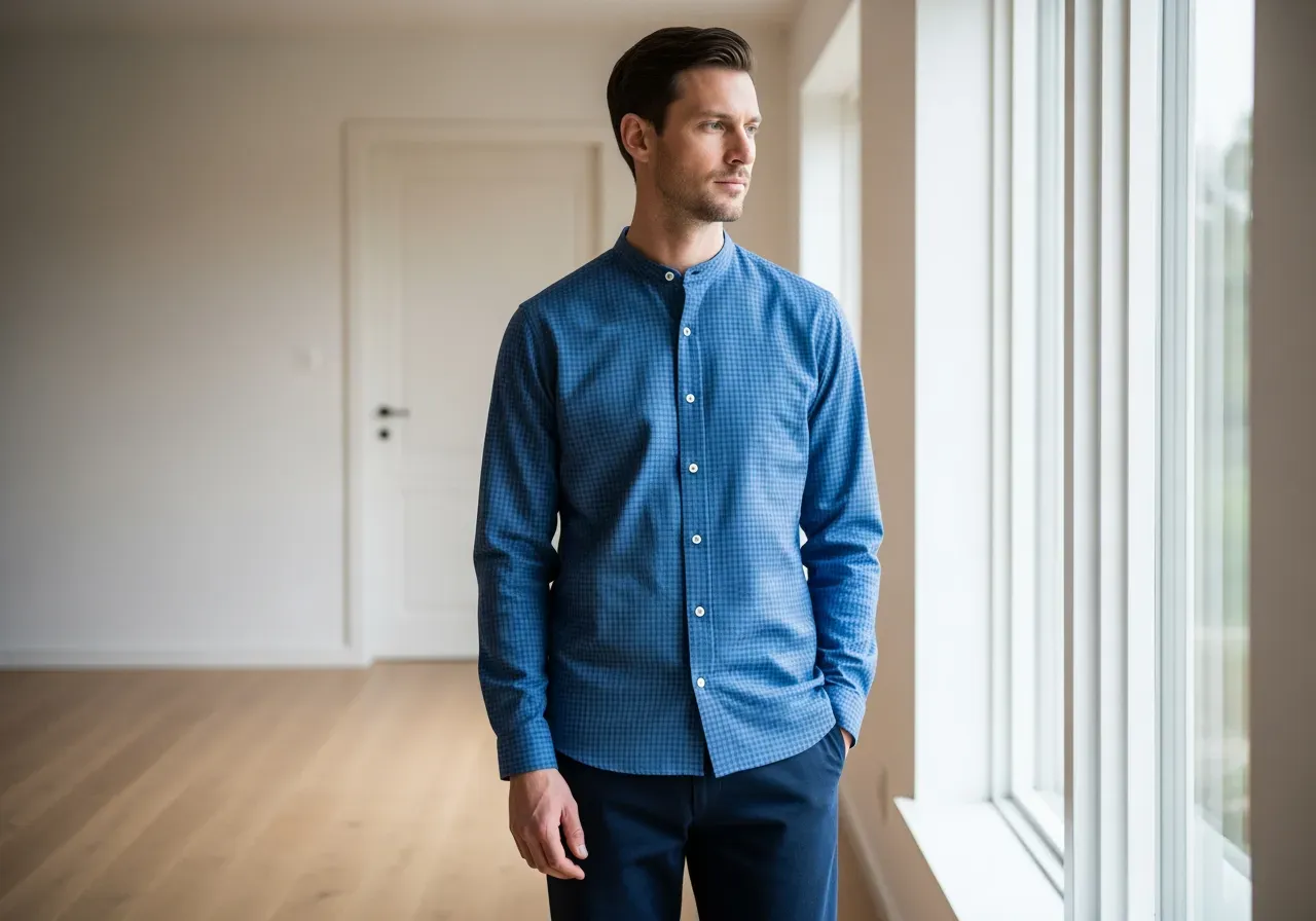 Smårutig blå bandkrageskjorta i fil-à-fil