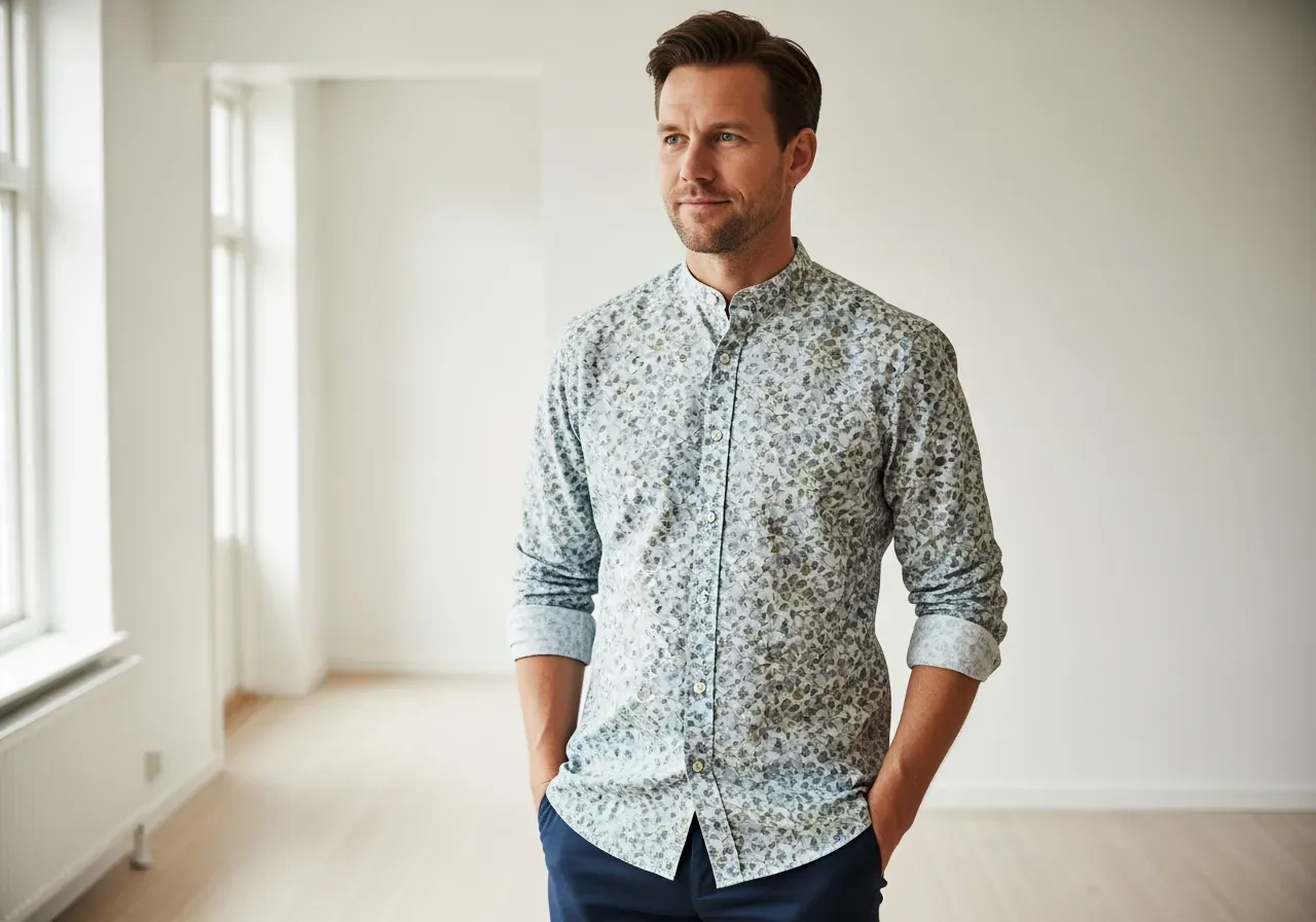 Blommig bandkrageskjorta i poplin herr