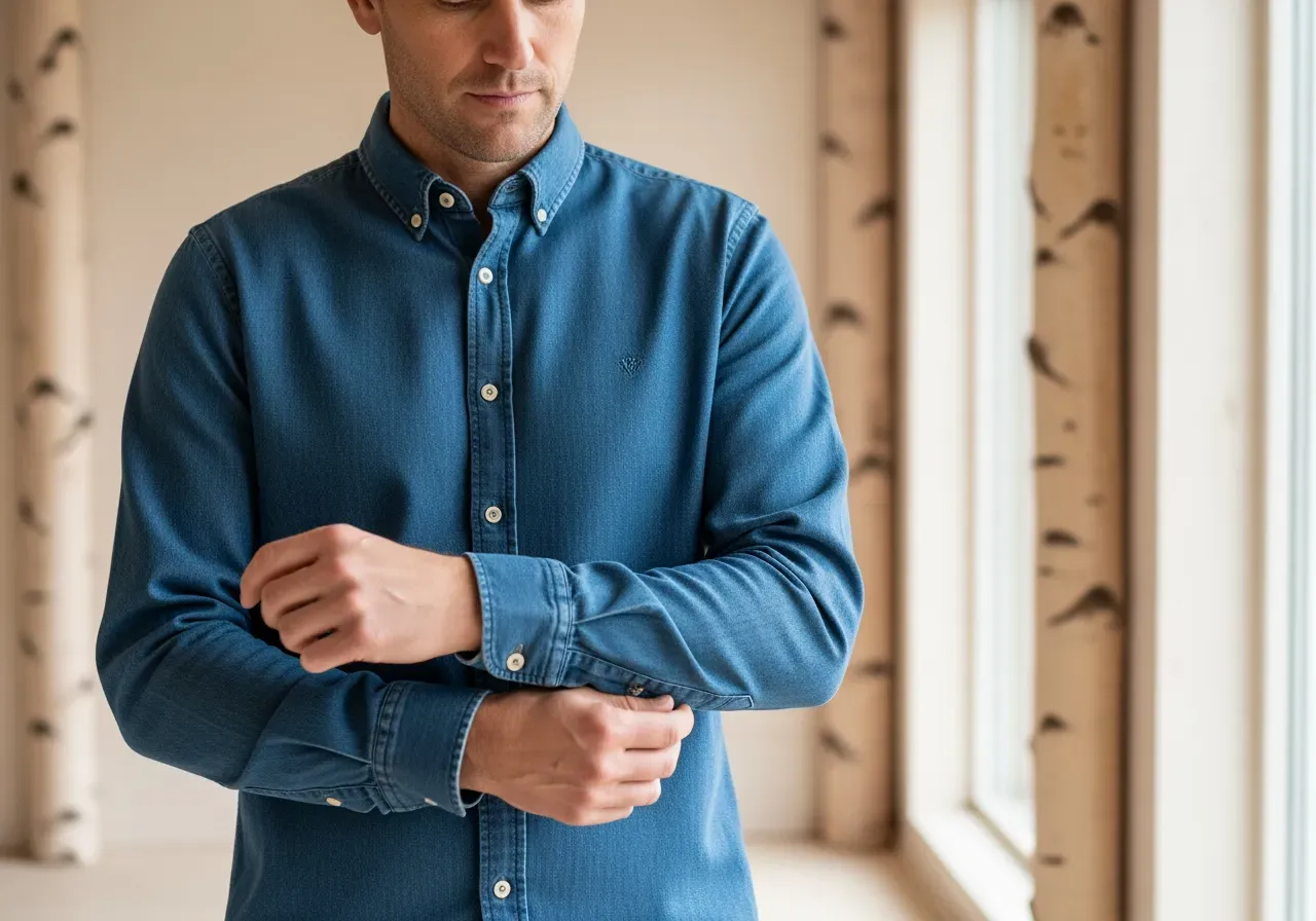 Blå denimskjorta med knappkrage herr