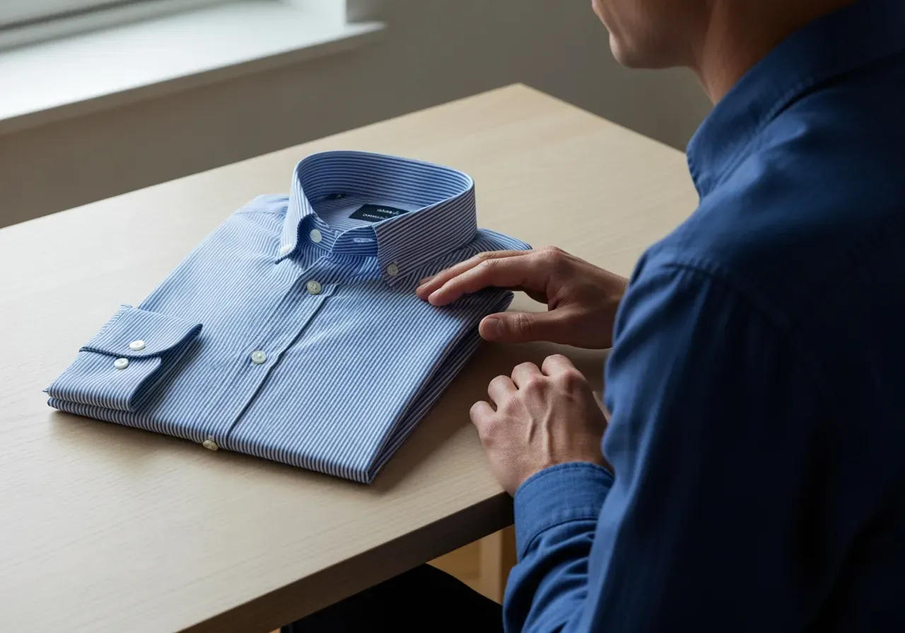 Blå randig kypertskjorta med dold knappkrage