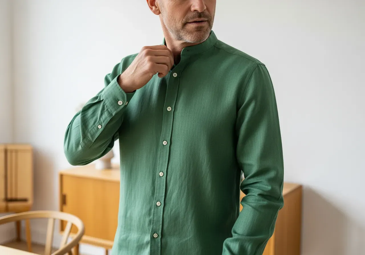 Grön bandkrageskjorta i linne herr