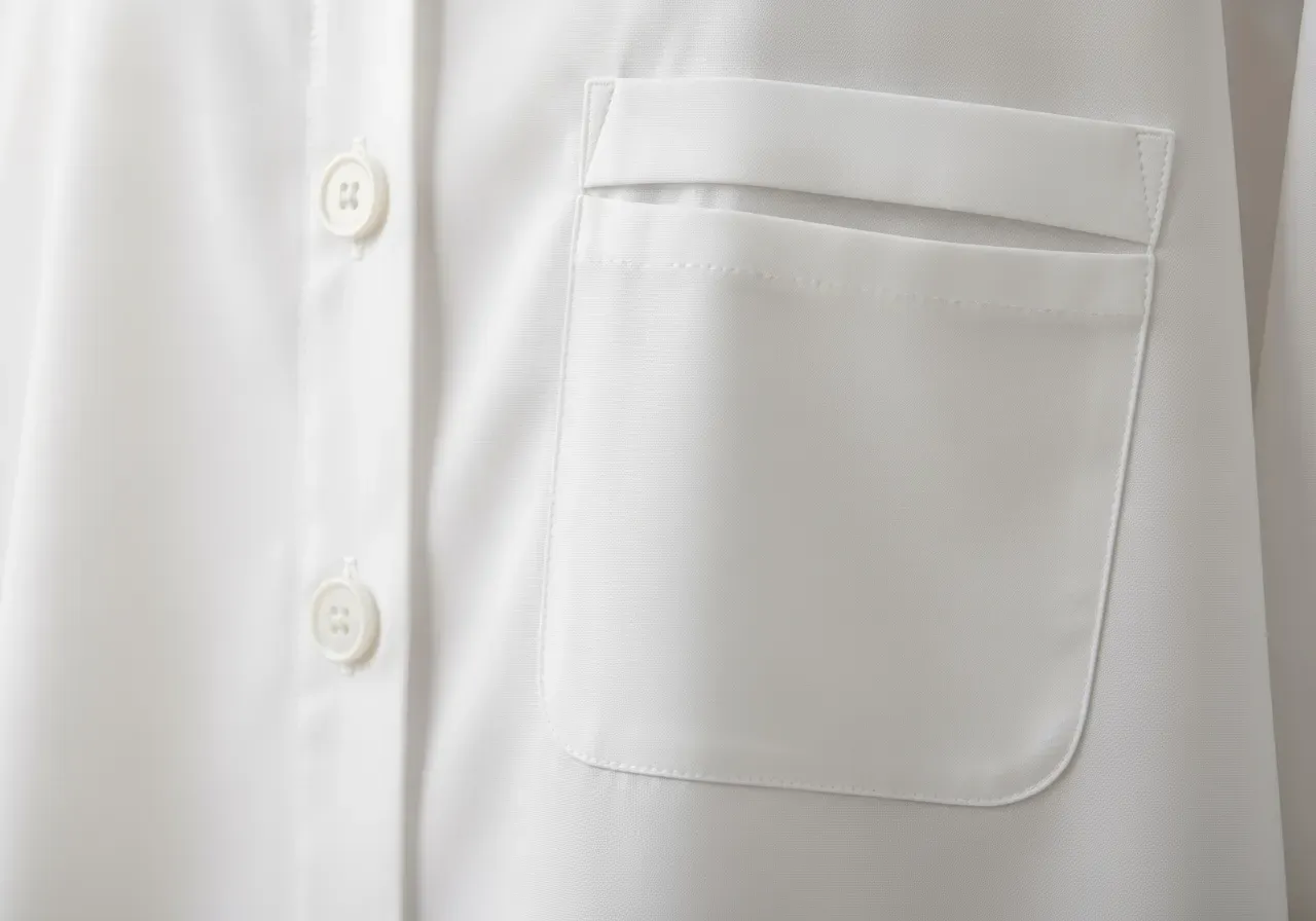 Knappar och ficka på vit poplin