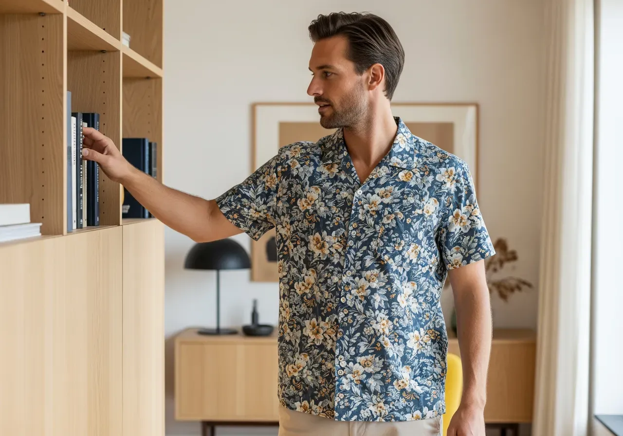 Blommig kortärmad campkrageskjorta herr