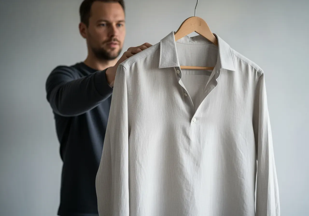 Måttsydd linneskjorta med låg knappkrage