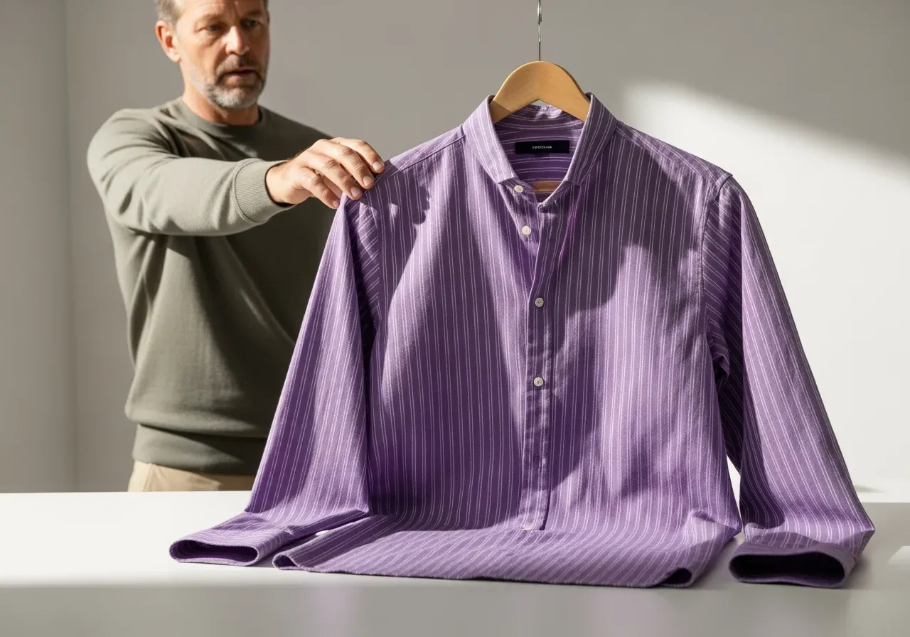 Lila randig fritidsskjorta med dold knappkrage