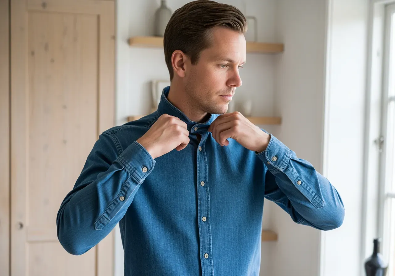 Person stylar jeansskjorta med enstyckskrage