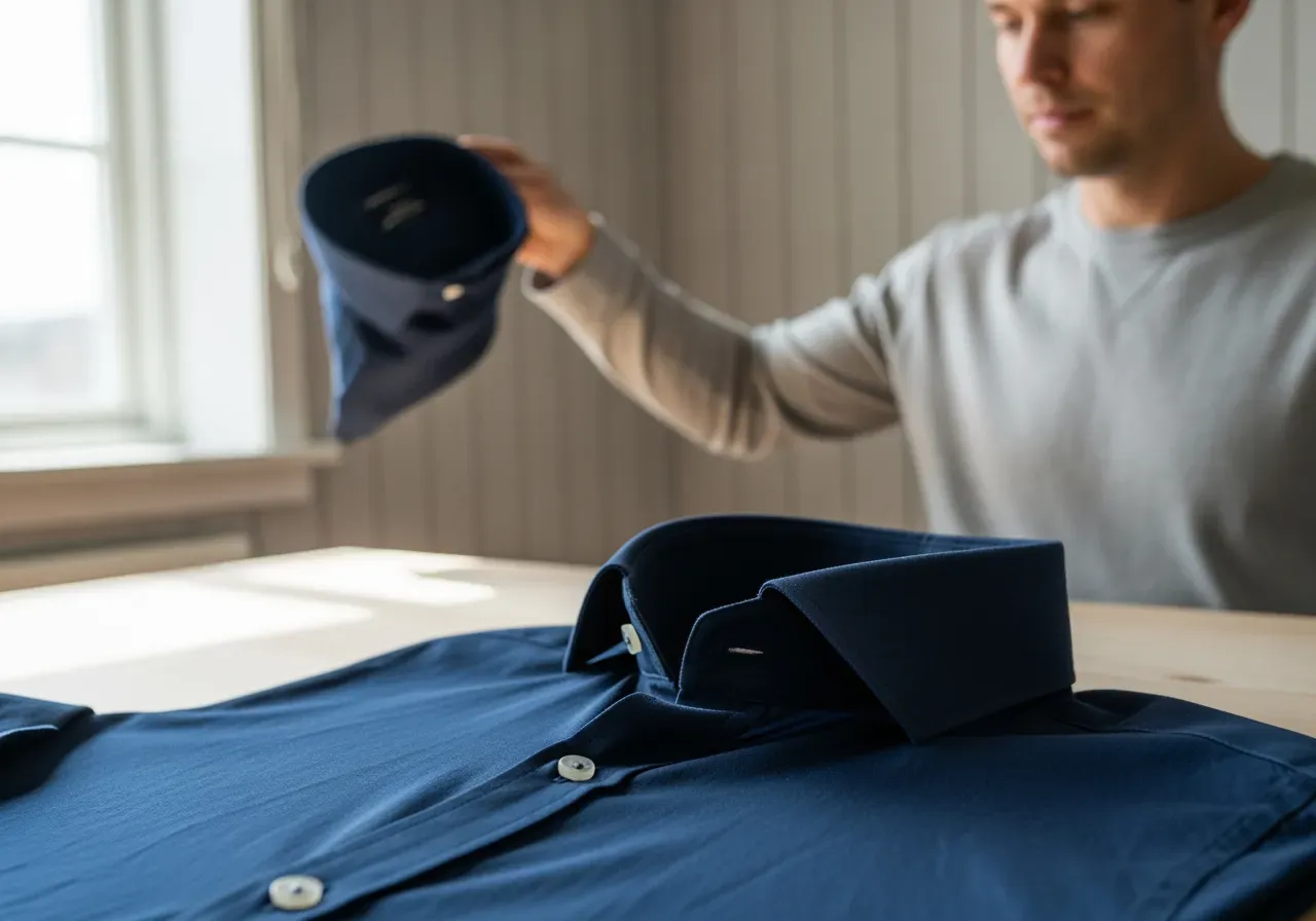 Mörkblå bomullsskjorta med enstyckskrage