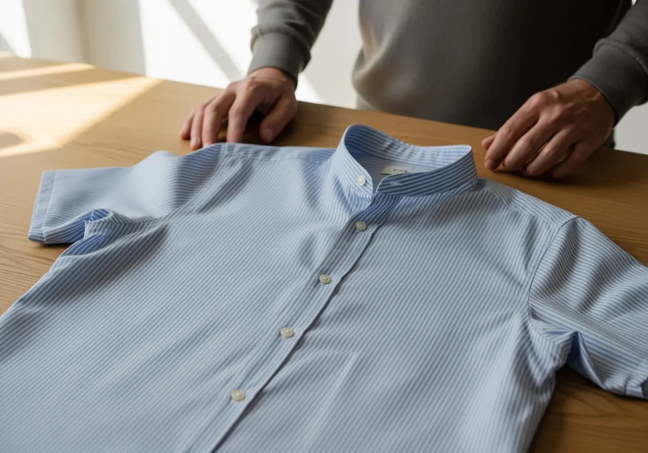 Ljusblå randig bandkrageskjorta i poplin