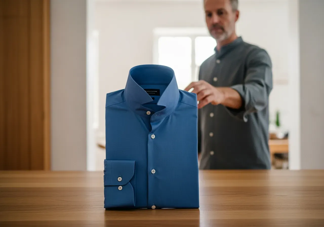 Blå poplinskjorta med hög nedknäppt krage