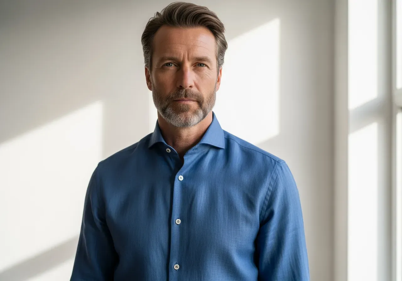 Passform blå bomullslinneskjorta enstyckskrage