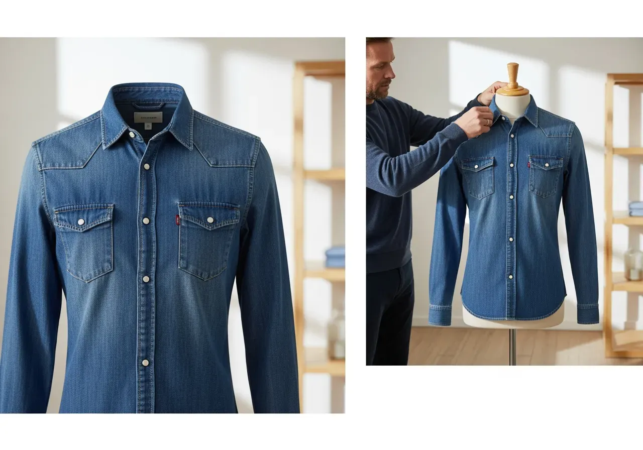 Passform blå jeansskjorta enstyckskrage
