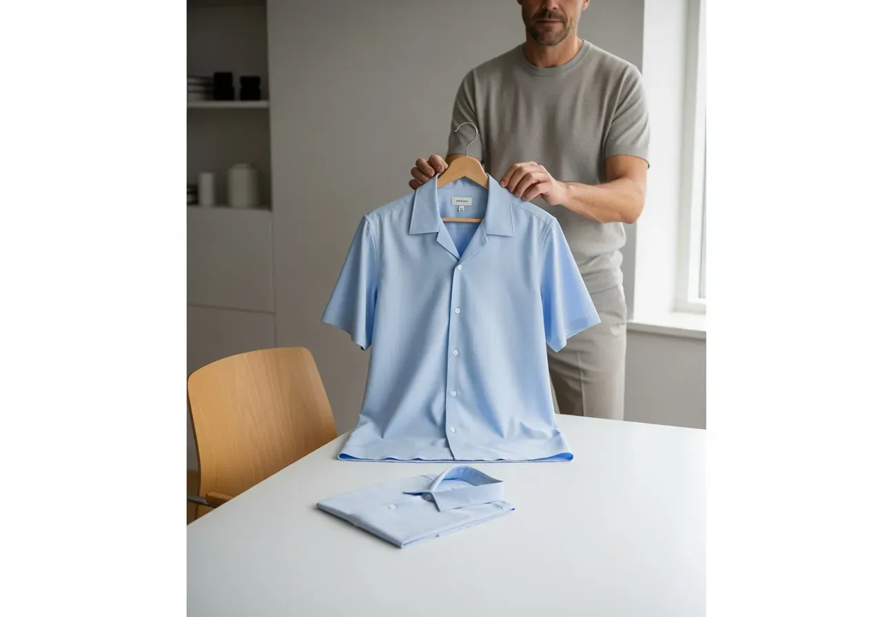 Passform ljusblå kortärmad campkrage