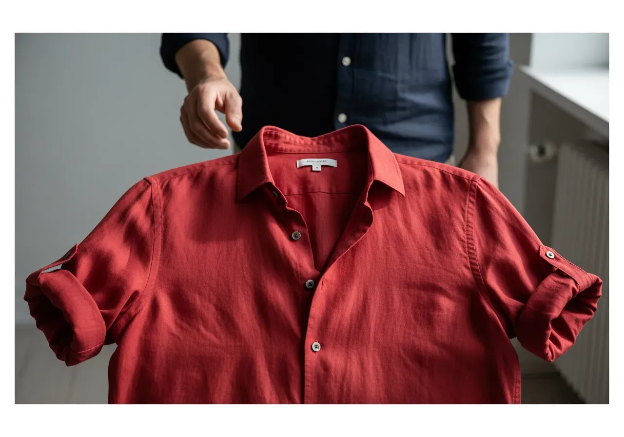 Röd linneskjorta med nedknäppt krage
