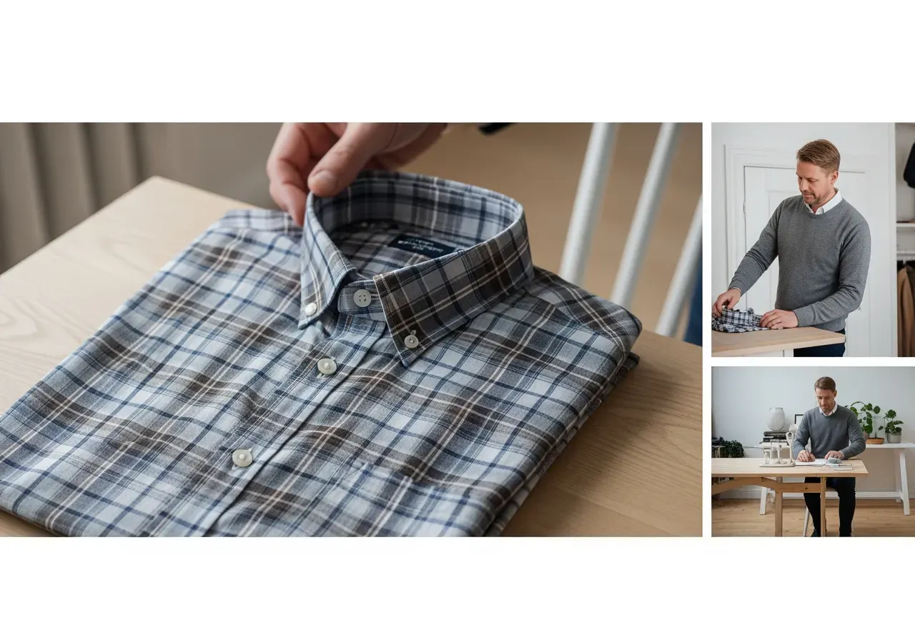 Rutig bomullsskjorta med knappkrage herr