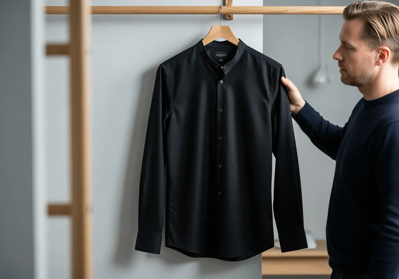 Svart bandkrageskjorta i twill herr