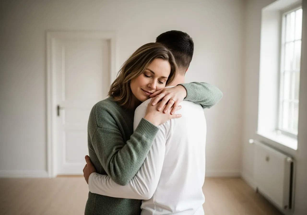 Hon kramar han i den vita skjortan