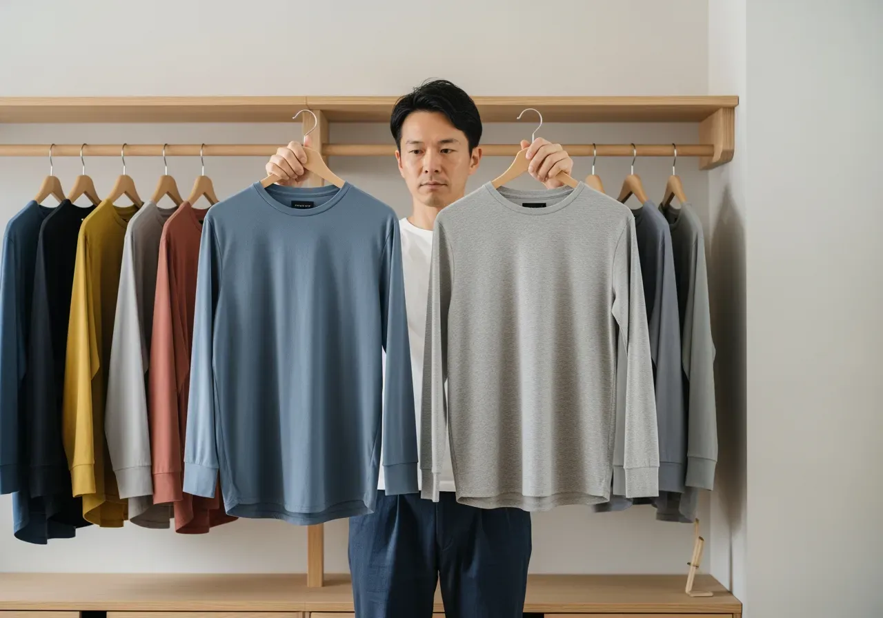 Person väljer skjorta i olika färger