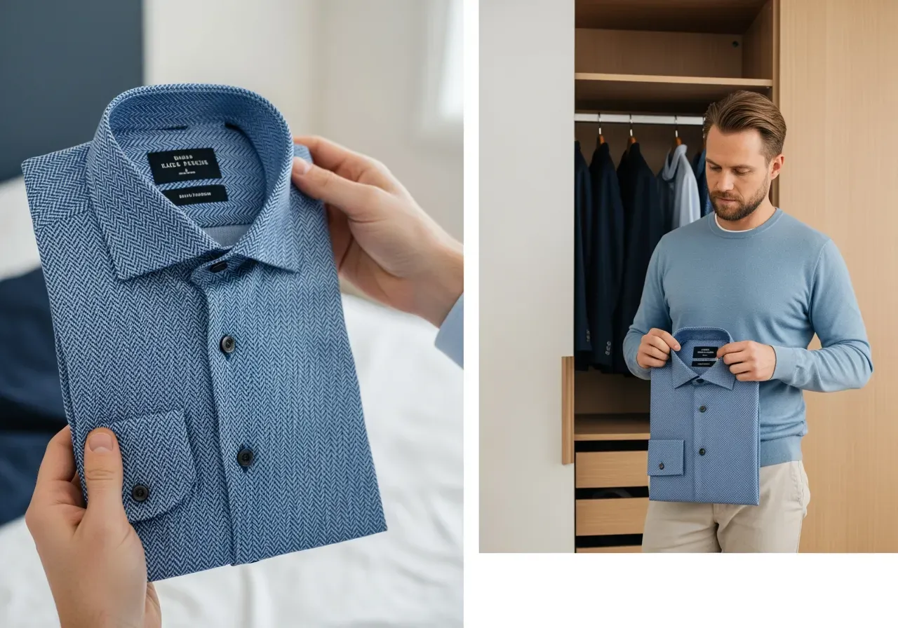 Blå fiskbensvävd skjorta för kostym