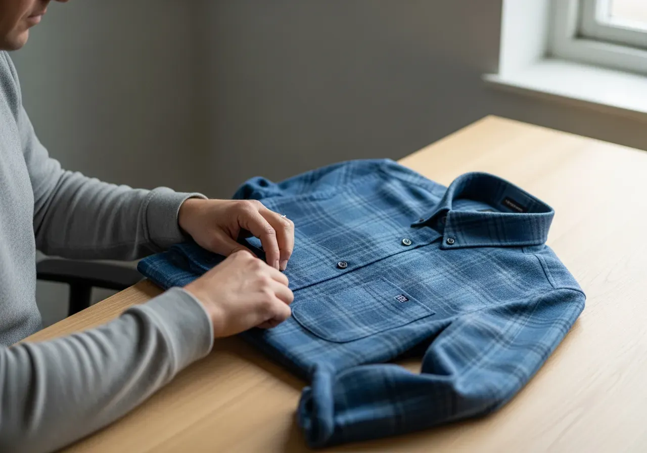 Blå måttsydd flanellskjorta för kontor