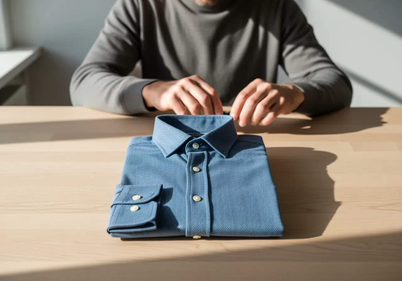 Blå fiskbensvävd skjorta i bomull