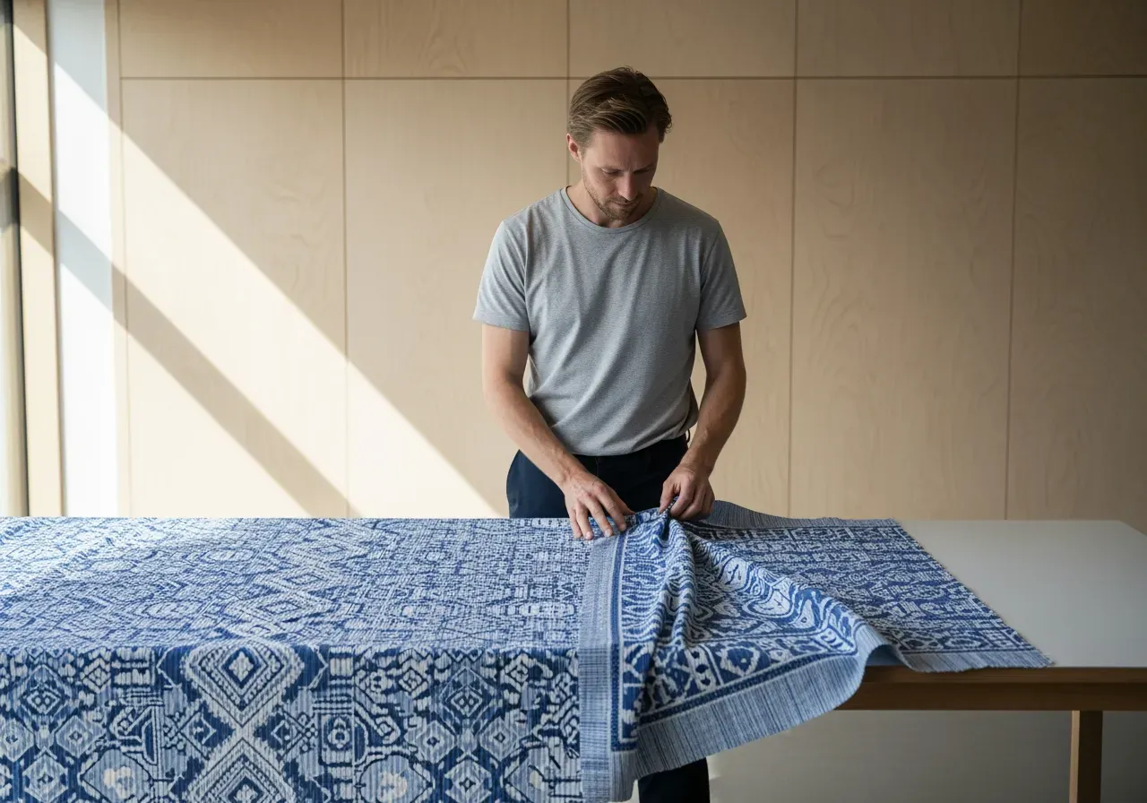 Blå mönstrad seersucker och mönsterpassning