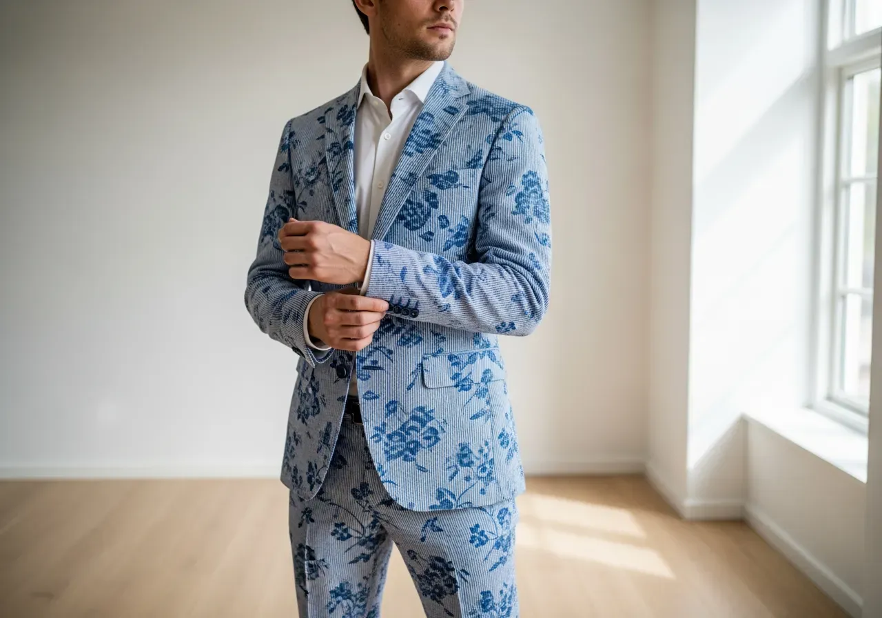 Blå blommig seersucker med kostym