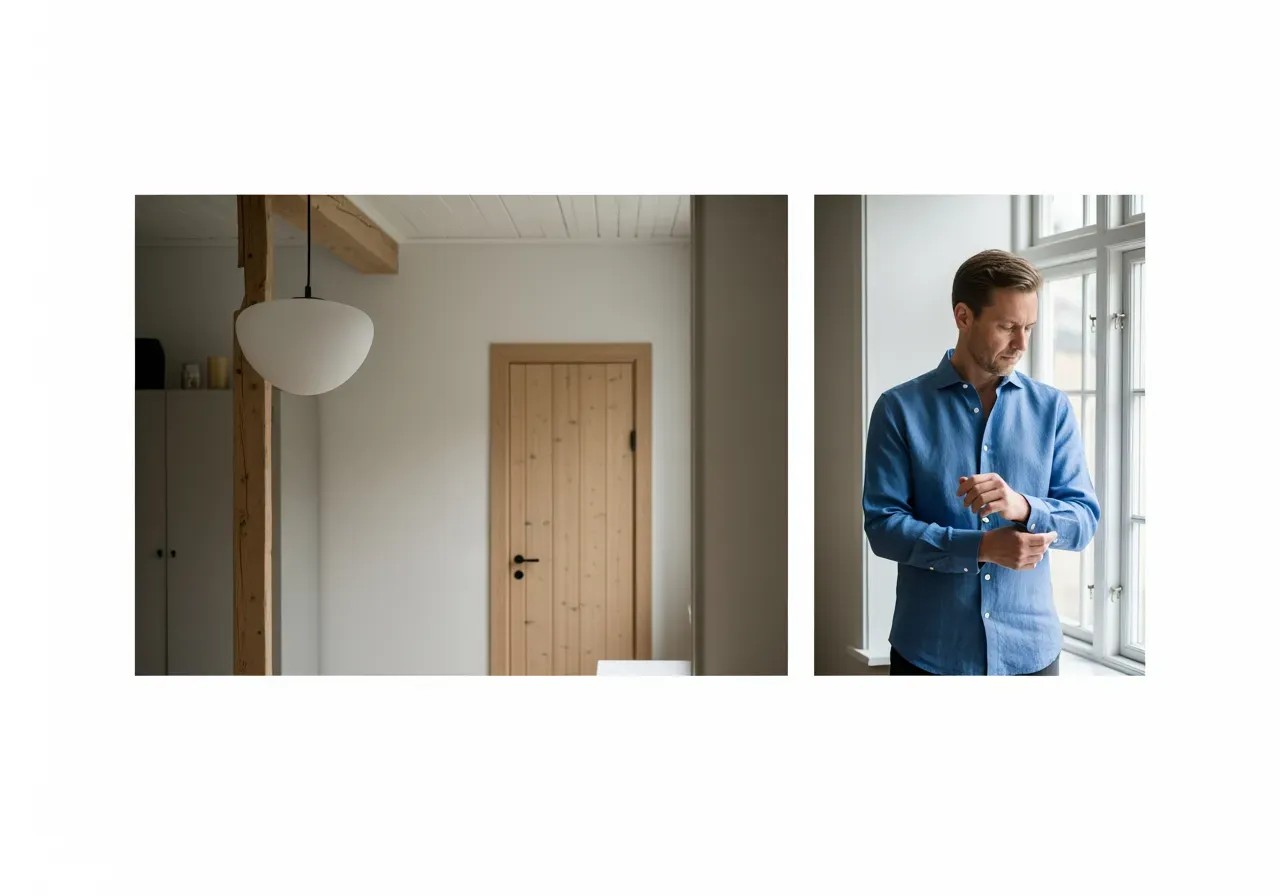 Blå linneskjorta med rak spetskrage