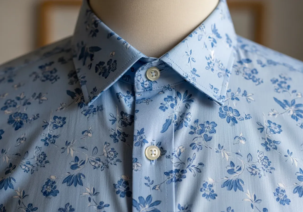 Ljusblå blommig poplin med spridd krage
