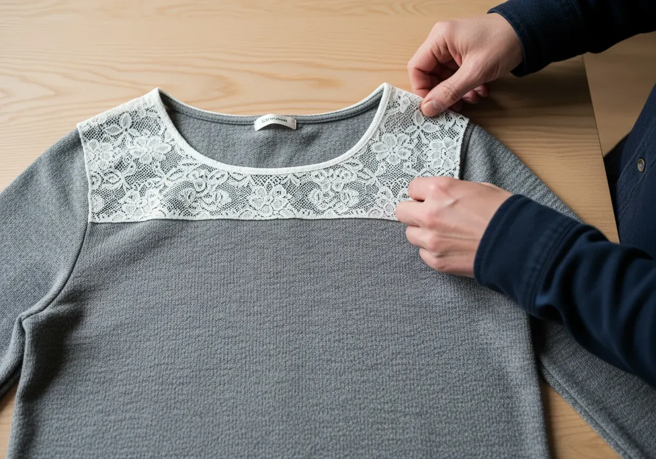 Grå bomullstrikå med rak spetskrage