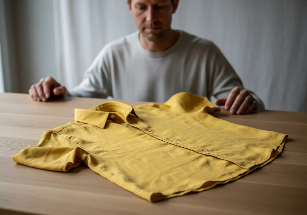 Gul linneskjorta med spridd krage