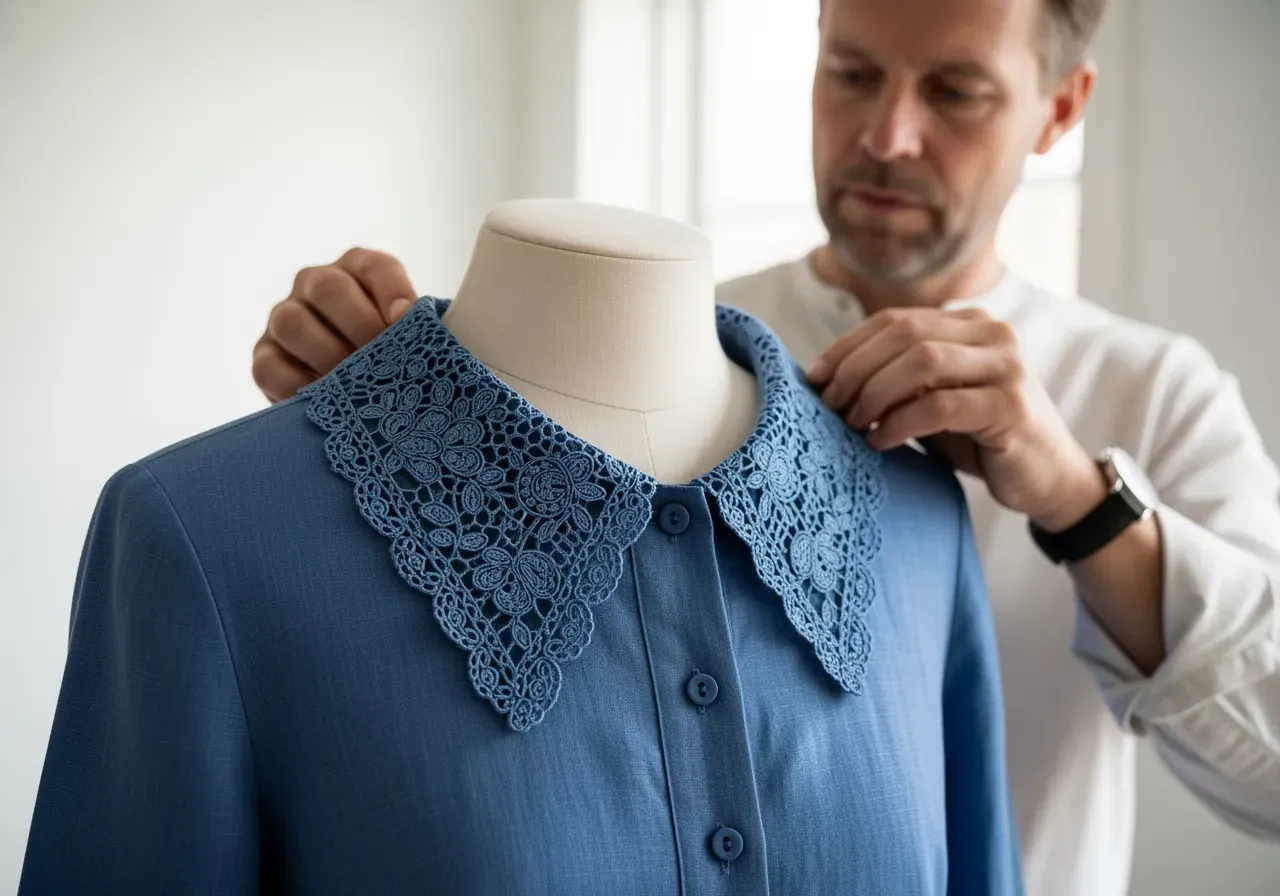 Låg spetskrage i blått linne