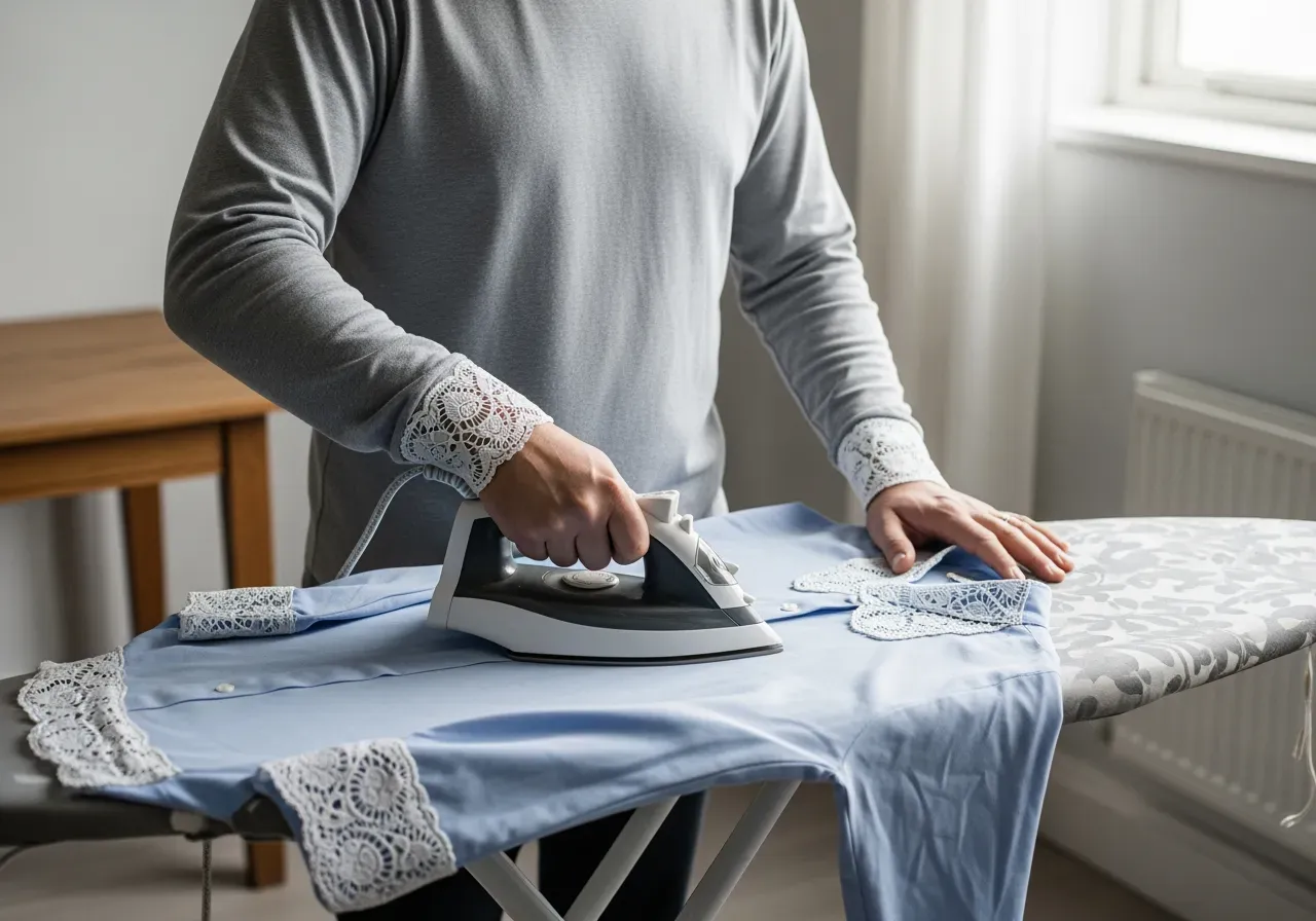 Ljusblå pinpoint med spetskrage och manschett