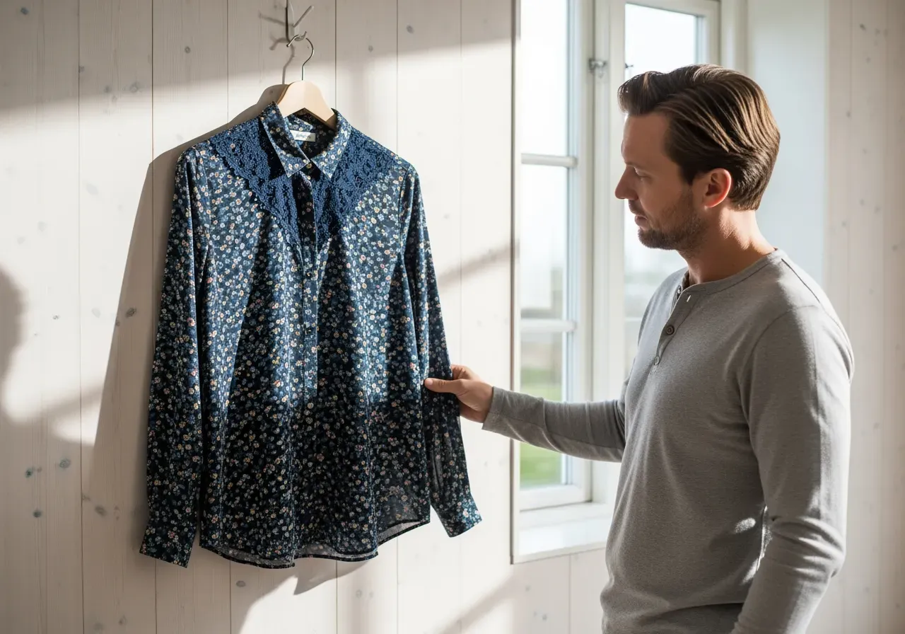 Blommig mörkblå rak spetskrage skjorta