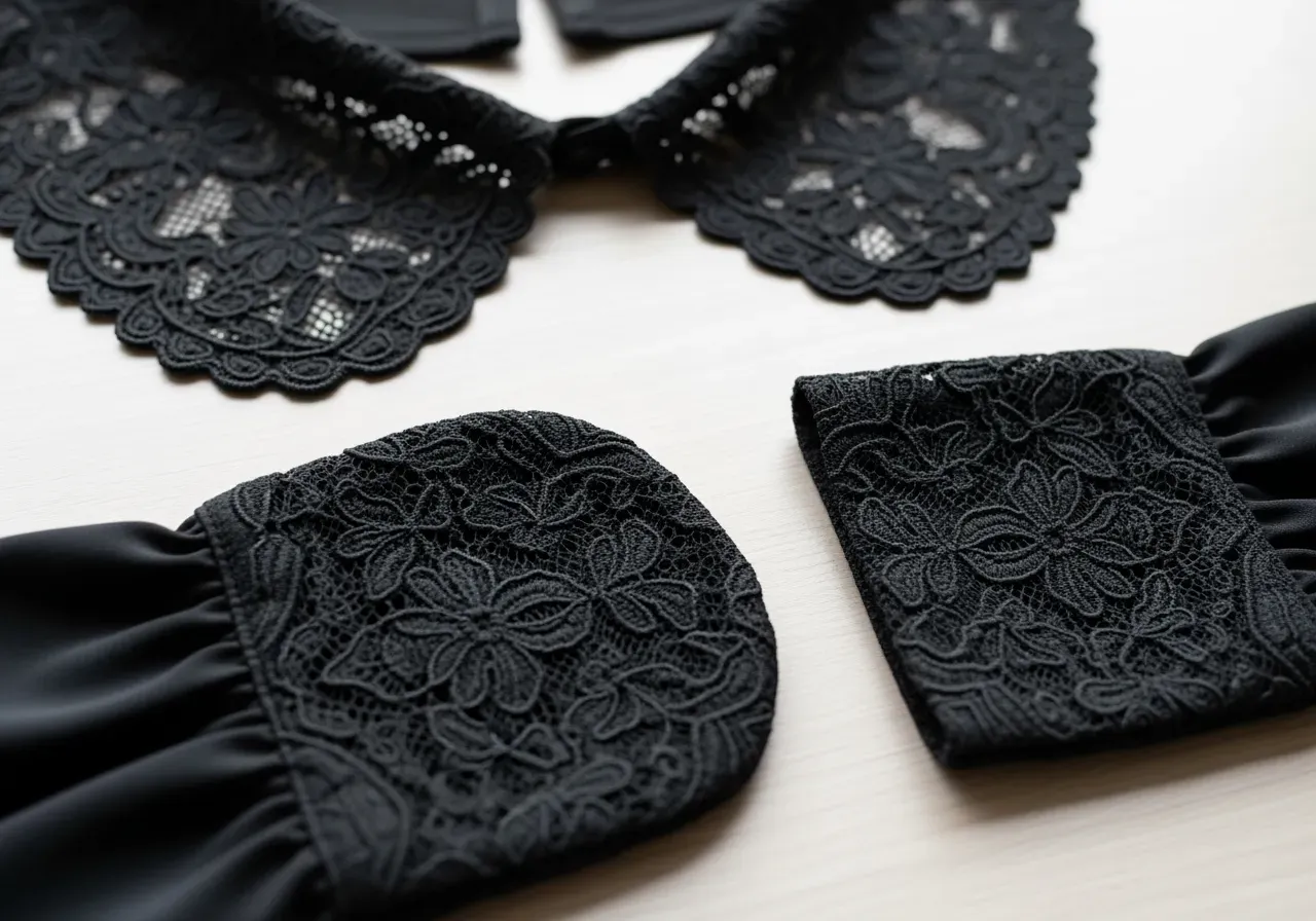 Svart spetskrage med rundad och rak manschett