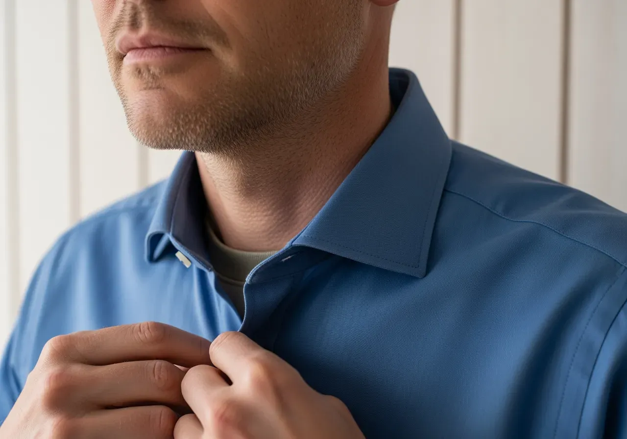 Spridd krage på blå bomullsskjorta