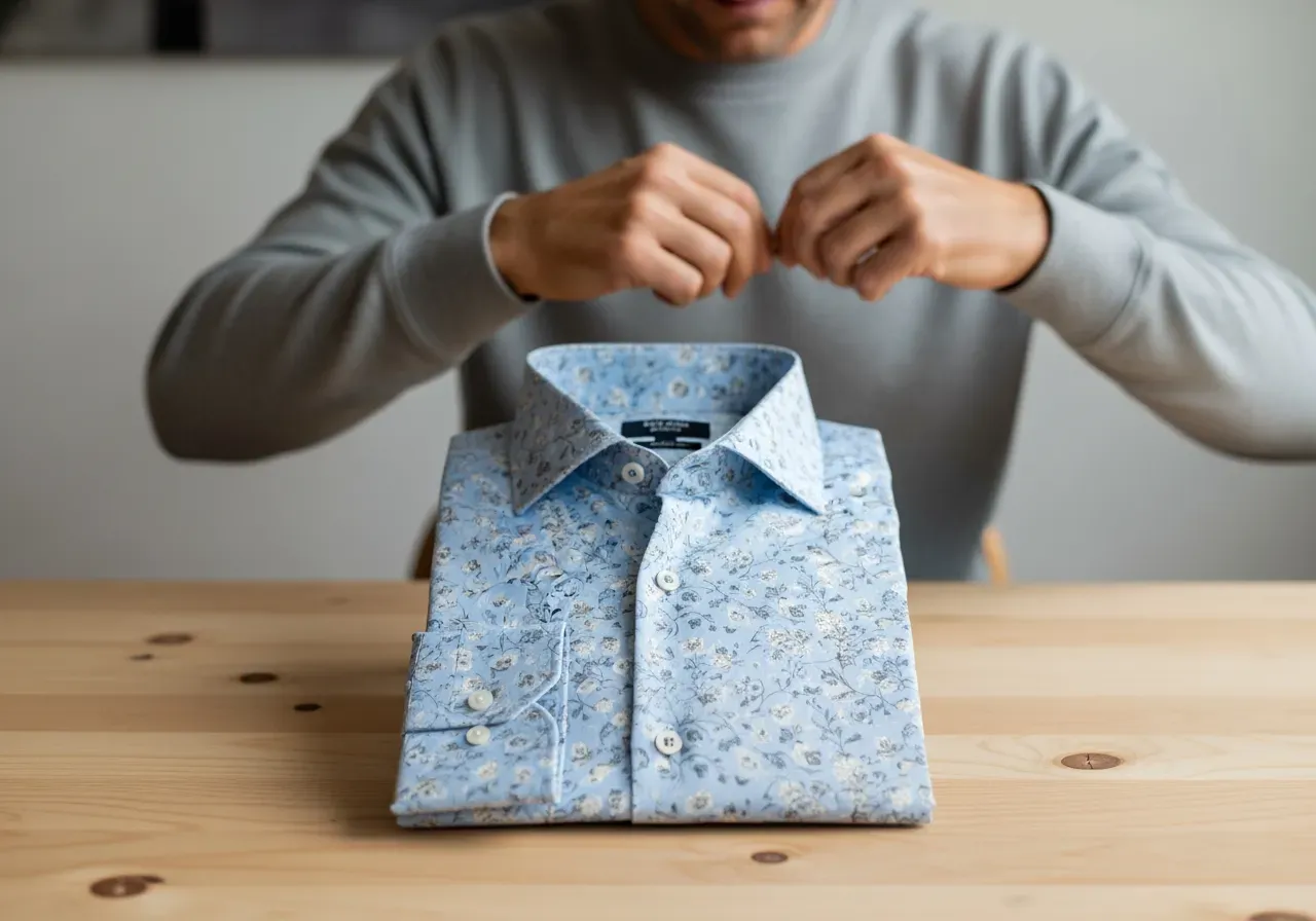 Ljusblå blommig spridd krage skjorta