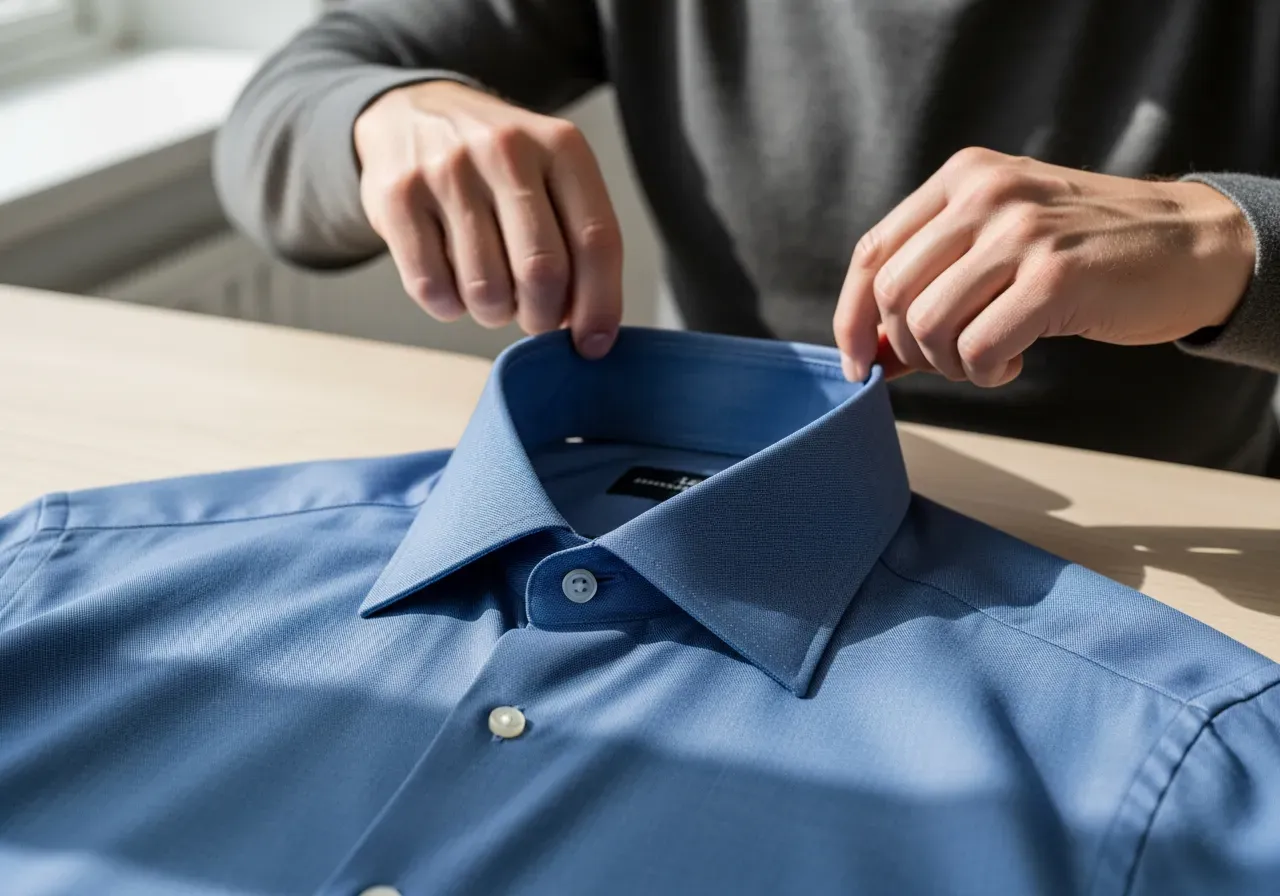 Spridd och rak spetskrage på blå skjorta