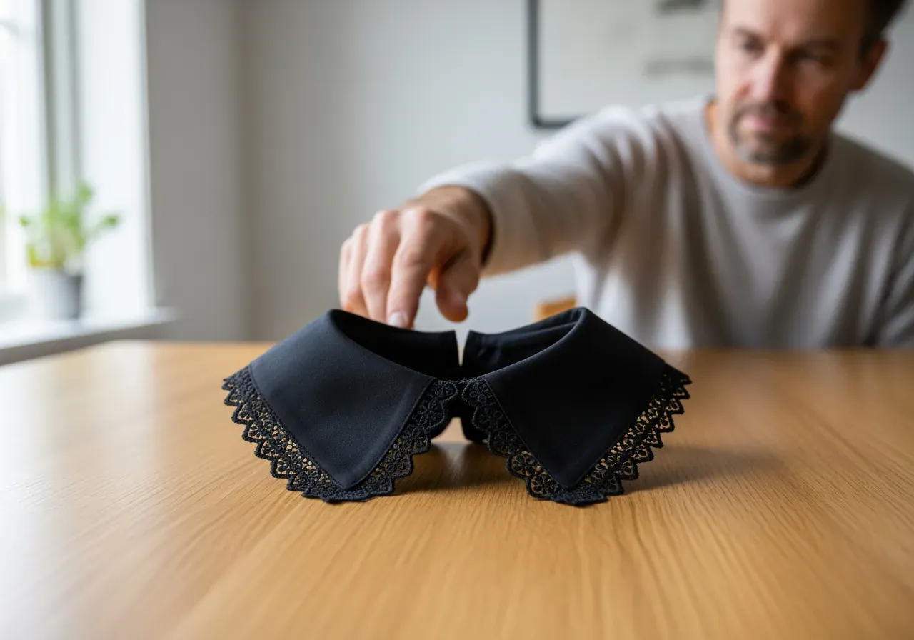 Svart rak spetskrage i poplin