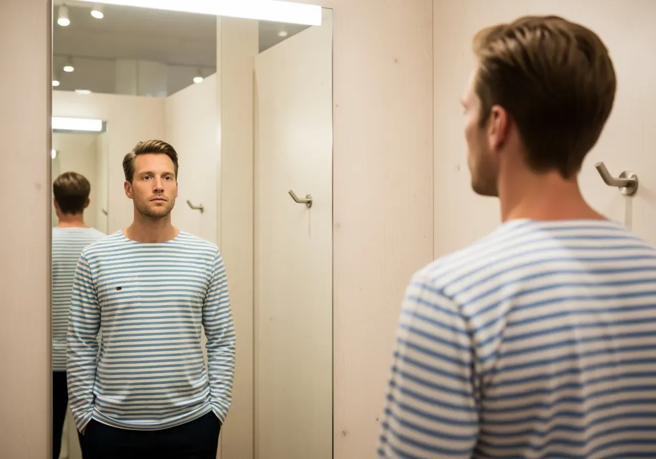 Person provar randig bomullsskjorta