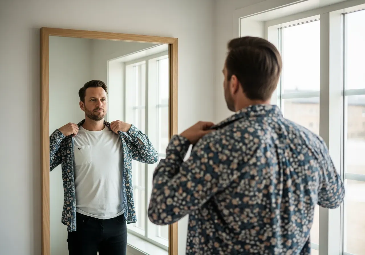 Person provar mönstrad skjorta i dagsljus