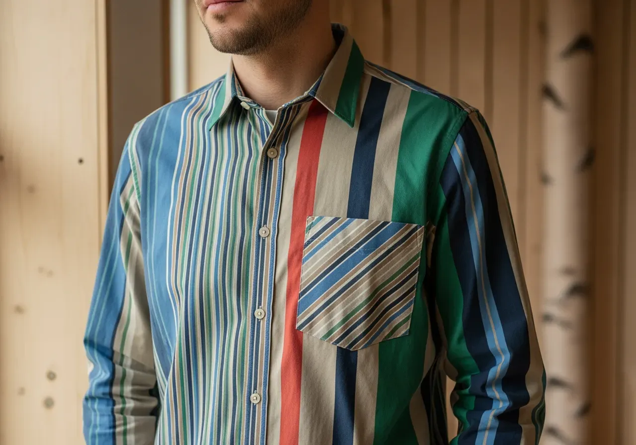 Bröstfickans randriktning på multifärgad skjorta