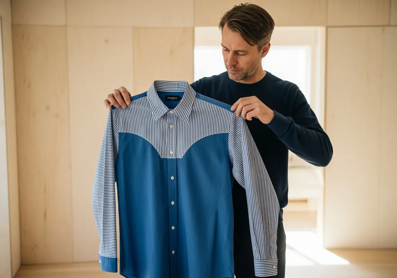 Randriktning i ok och ärm blå bomullsskjorta