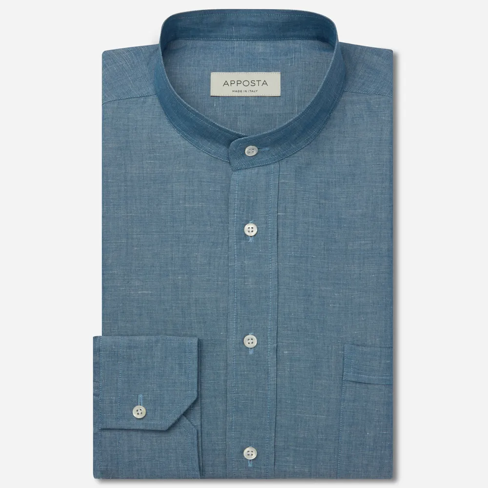 Customisable  Blue Band Collar Normandy Linen Denim Shirt, Made To Measure